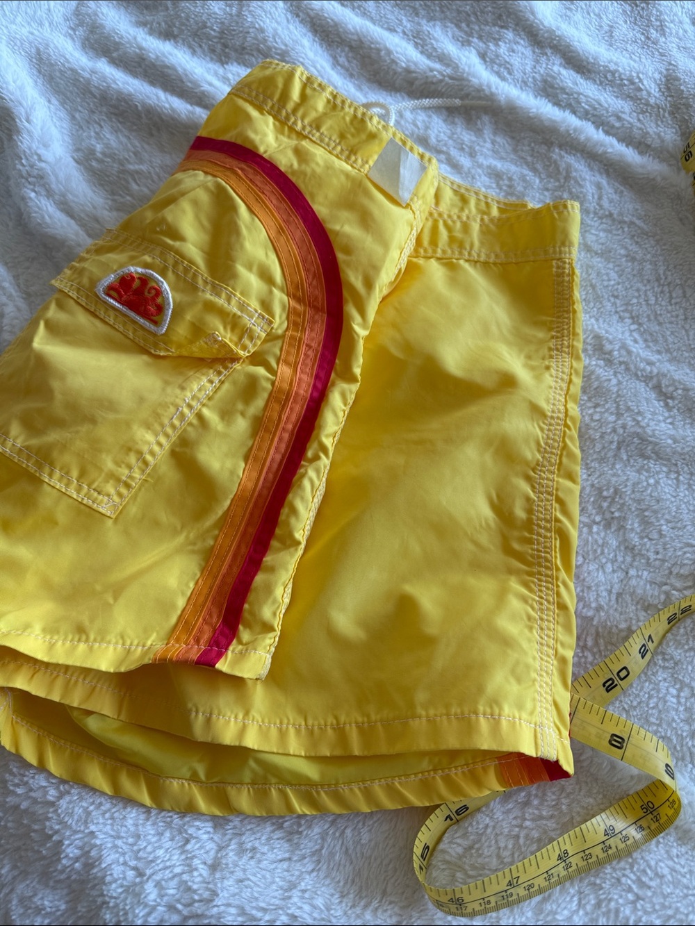 Yellow men's Swim Shorts with Red & Orange Stripe